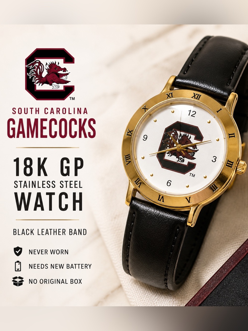South Carolina Gamecocks Watch 18K GP Gold Tone Black Leather Band NCAA Vintage